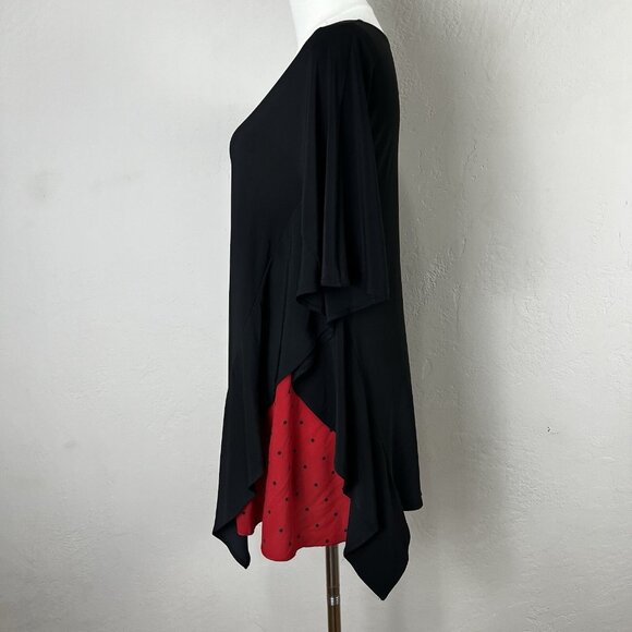 SUN KIM Tunic Peekaboo Batwing Red Polka Dot Black Bateau Sharkbite Size XS - Picture 4 of 10